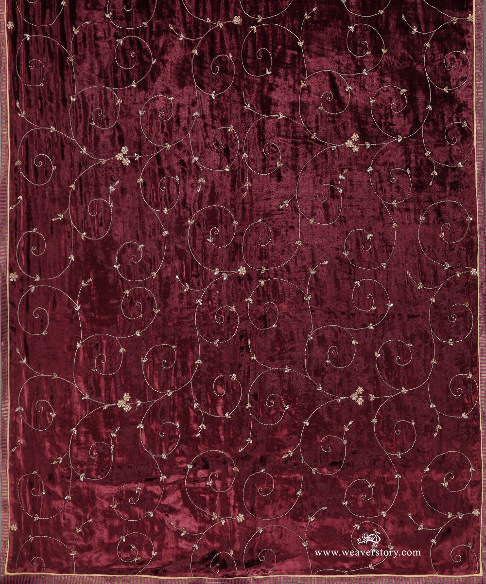 Maroon Hand Embroidered Pure Silk Velvet Doshala With All Over Zardosi Jaal - Pre Order
