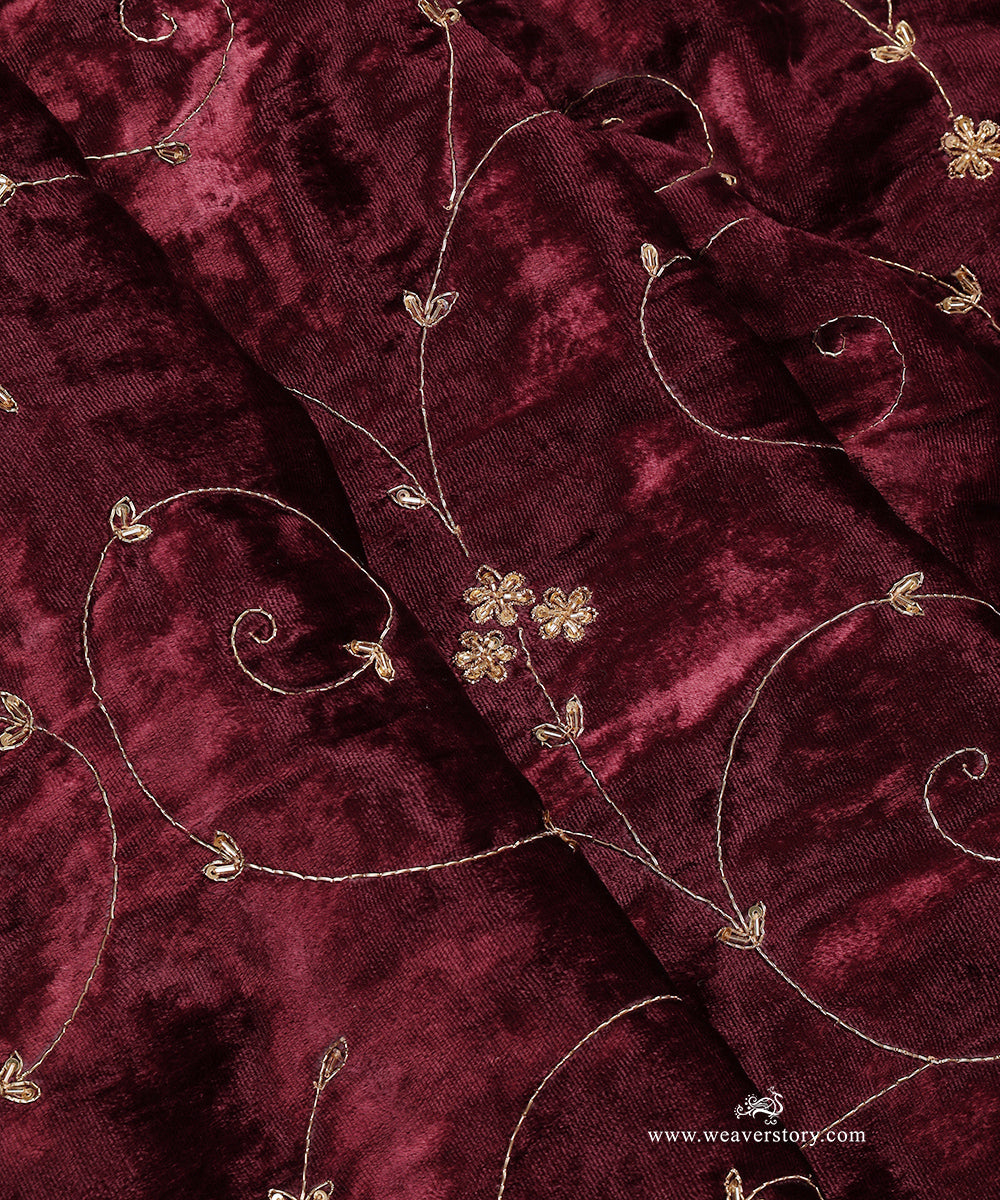Maroon Hand Embroidered Pure Silk Velvet Doshala With All Over Zardosi Jaal - Pre Order