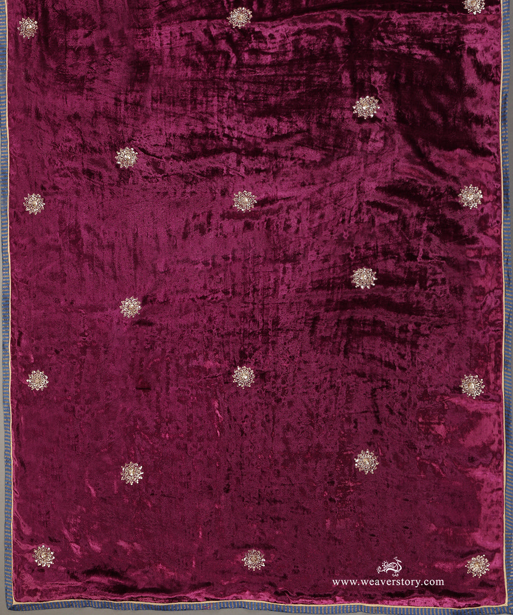 Wine Hand Embroidered Velvet Doshala With Circular Zardosi Motifs