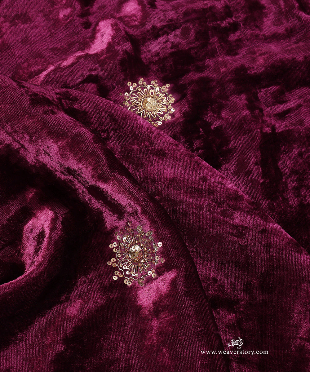 Wine Hand Embroidered Velvet Doshala With Circular Zardosi Motifs