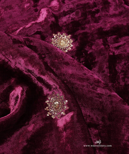 Wine Hand Embroidered Velvet Doshala With Circular Zardosi Motifs