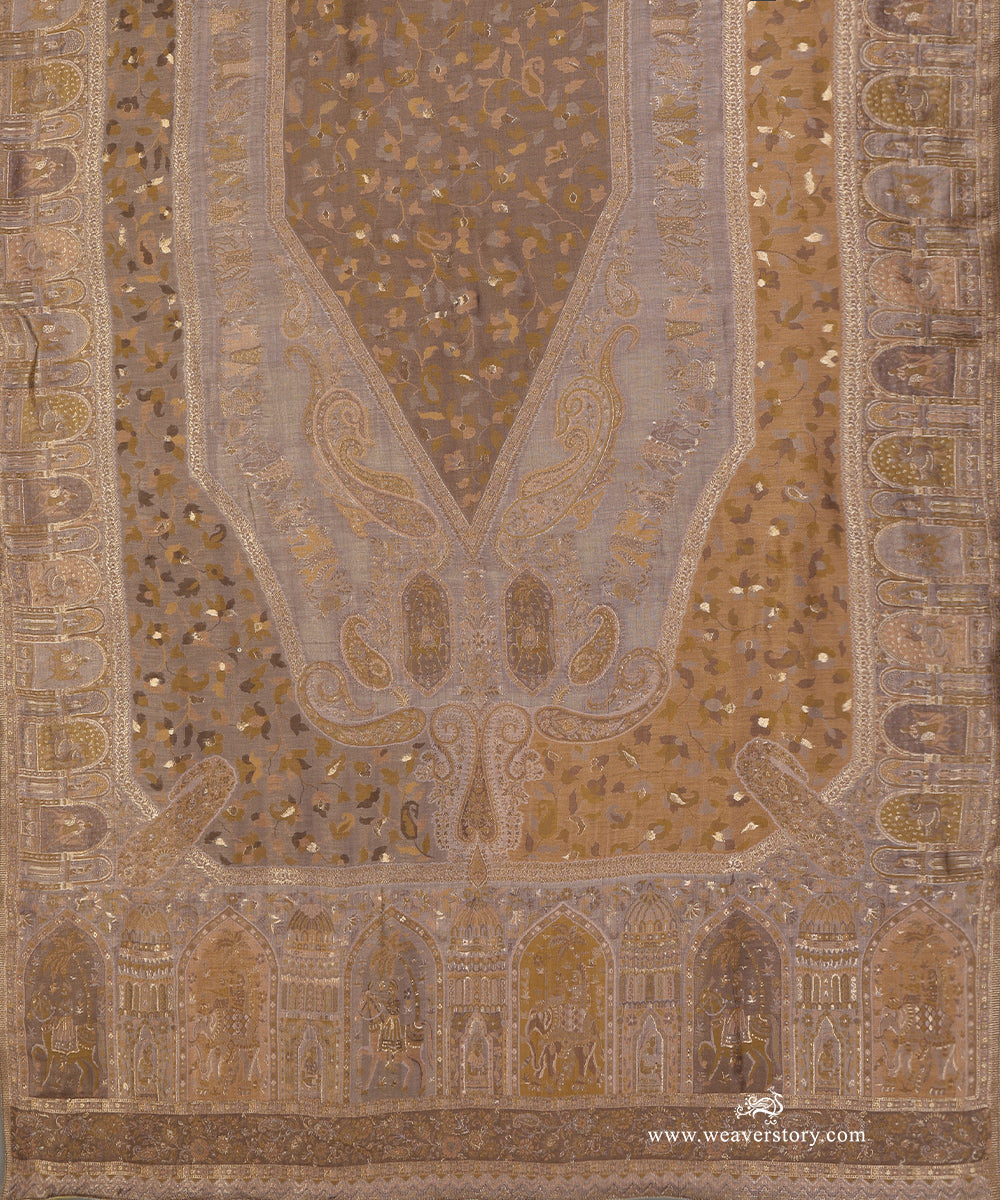 Beige And Grey Hand Embroidered Pure Cashmere Wool Doshala with Velvet Finishing