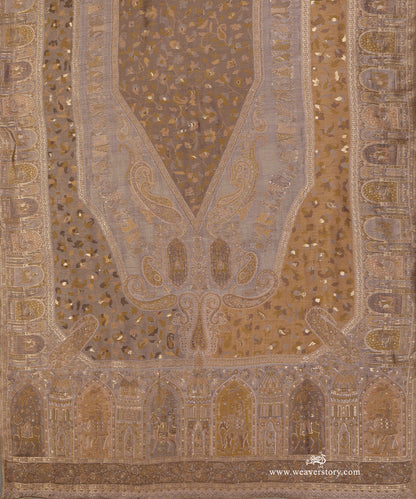 Beige And Grey Hand Embroidered Pure Cashmere Wool Doshala with Velvet Finishing