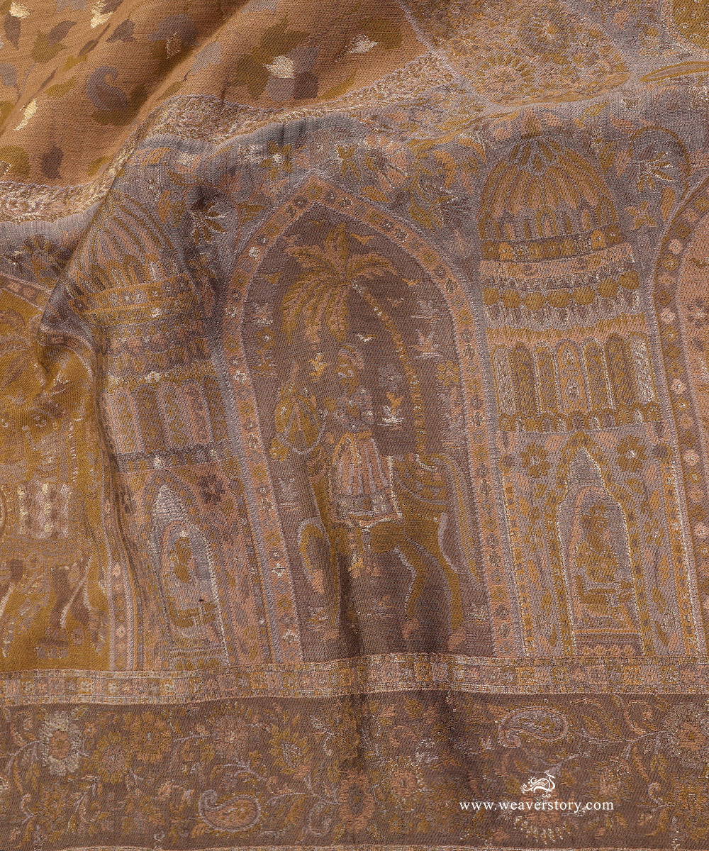 Beige And Grey Hand Embroidered Pure Cashmere Wool Doshala with Velvet Finishing