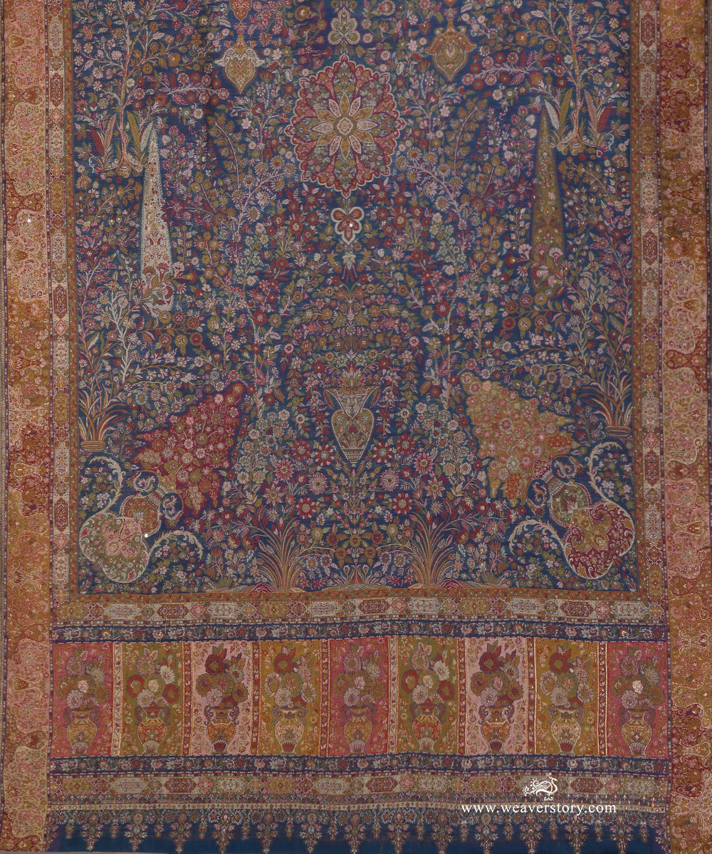 Midnight Blue Handwoven Pure Cashmere Wool Multicolor Doshala With Rust Tissue Finishing