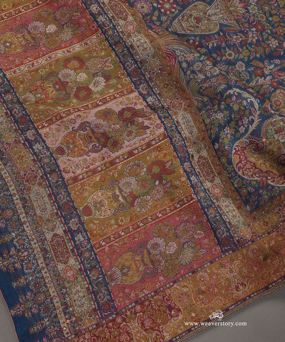 Midnight Blue Handwoven Pure Cashmere Wool Multicolor Doshala With Rust Tissue Finishing