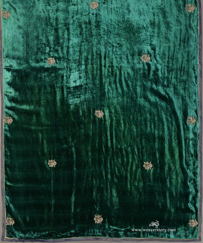 Dark Green Hand Embroidered Silk Velvet Doshala With Zardosi Booti
