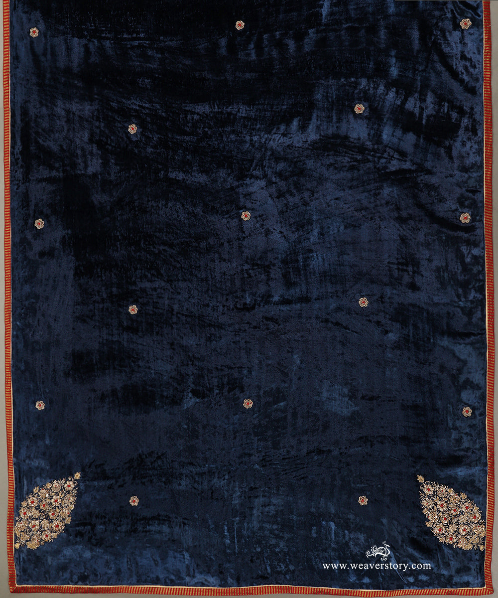 Navy Blue Hand Embroidered Pure Silk Velvet Doshala With Corner Paisley Boota