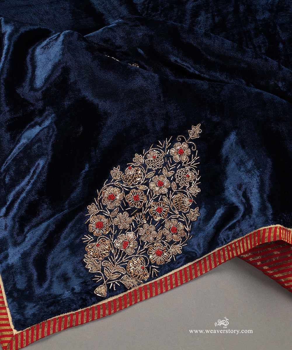 Navy Blue Hand Embroidered Pure Silk Velvet Doshala With Corner Paisley Boota