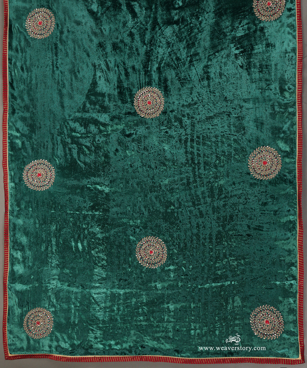 Teal Green Hand-Embroidered Zardozi Silk Velvet Doshala with Rangoli Boota