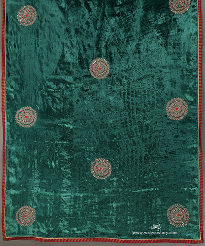Teal Green Hand-Embroidered Zardozi Silk Velvet Doshala with Rangoli Boota