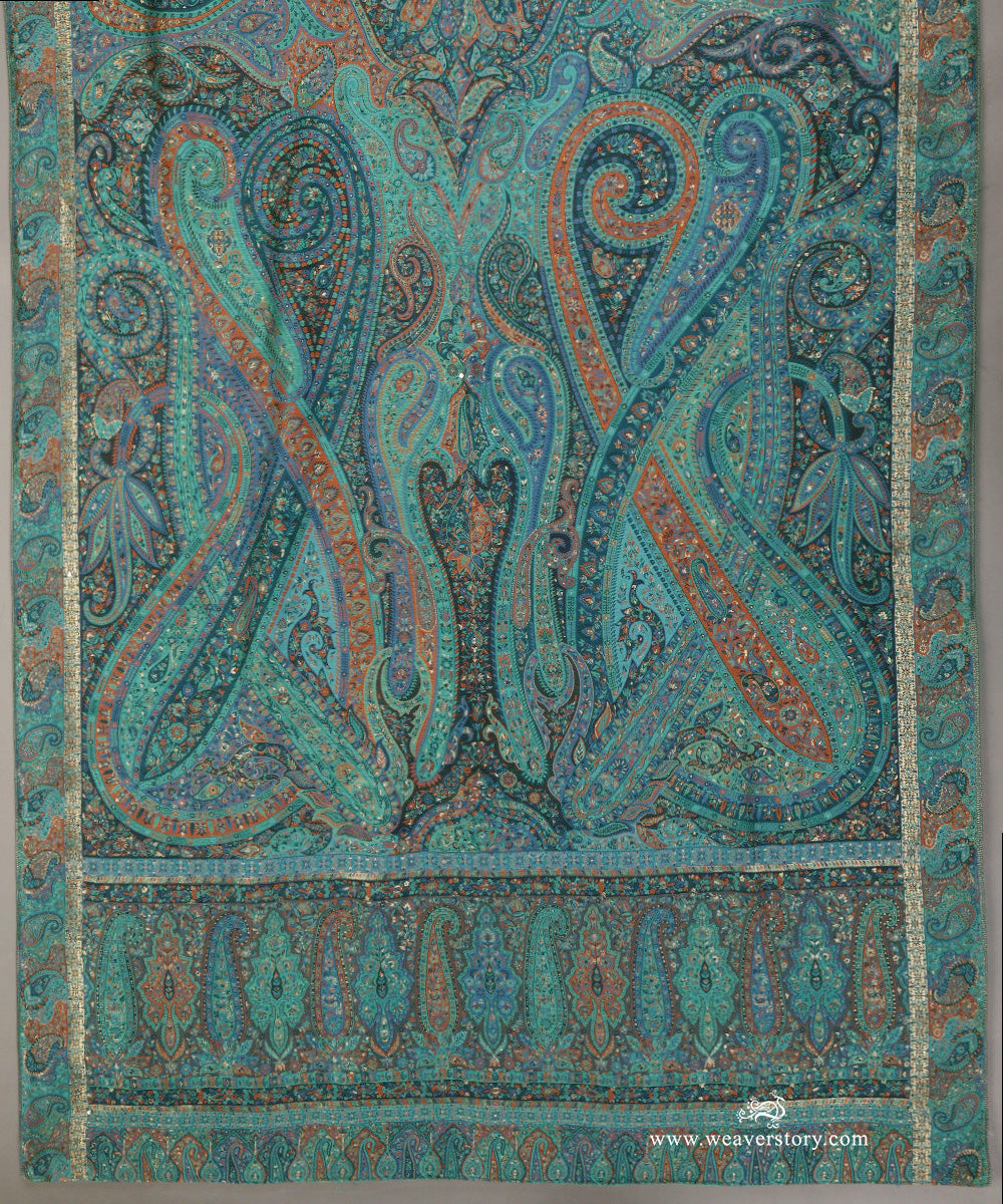 Peacock Blue Handwoven Pagely Pure Cashmere Wool Doshala With Blue Tissue FInishing