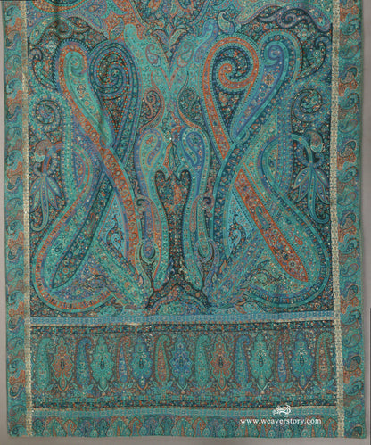 Peacock Blue Handwoven Pagely Pure Cashmere Wool Doshala With Blue Tissue FInishing