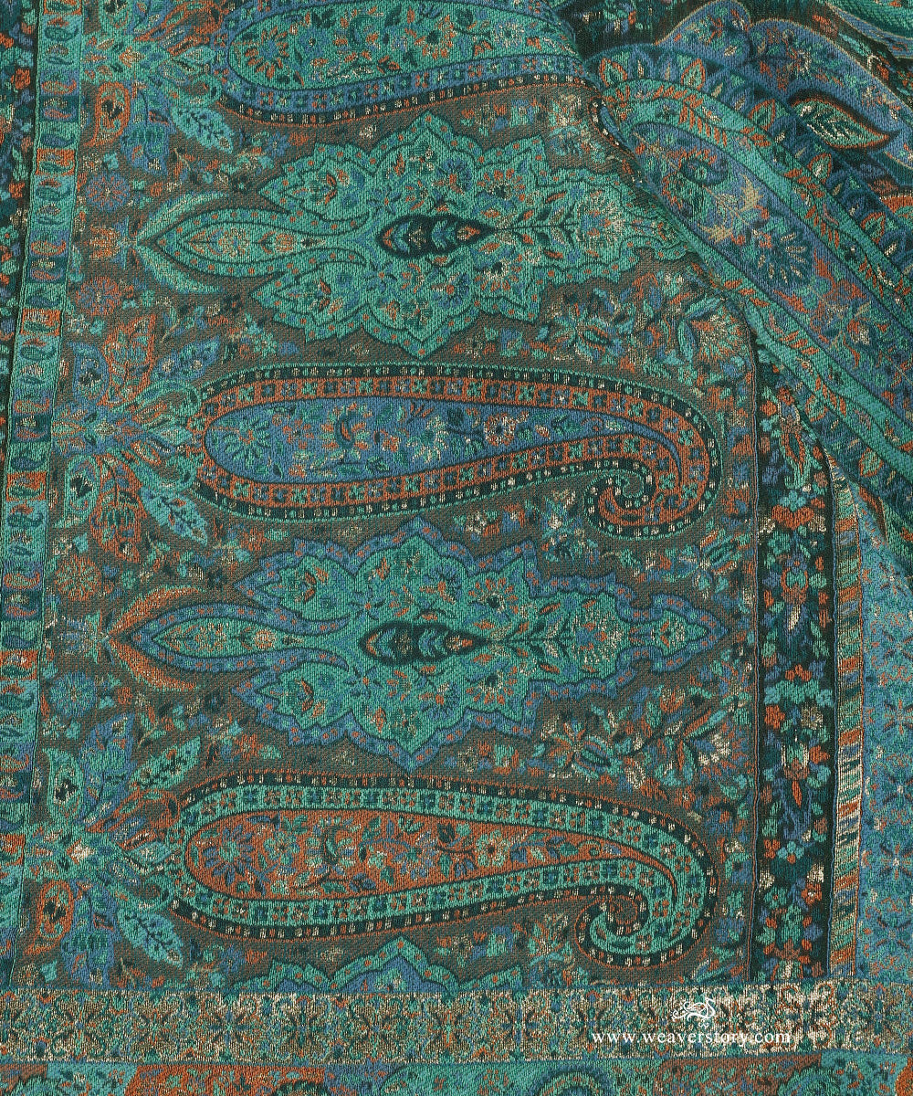 Peacock Blue Handwoven Pagely Pure Cashmere Wool Doshala With Blue Tissue FInishing