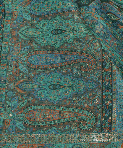 Peacock Blue Handwoven Pagely Pure Cashmere Wool Doshala With Blue Tissue FInishing