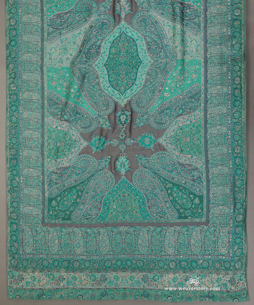 Firozi and Grey Handwoven Jamawar Pure Cashmere Wool Doshala With Green Tissue Finishing