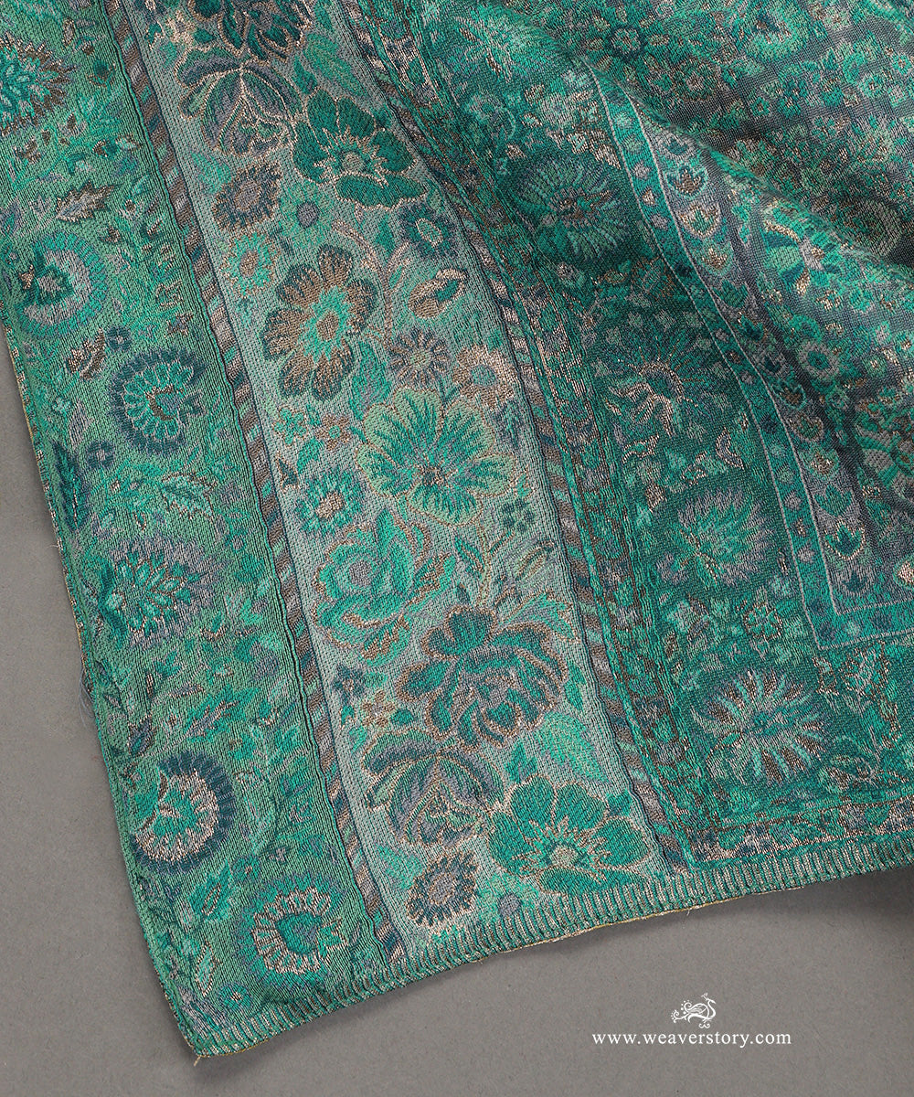 Firozi and Grey Handwoven Jamawar Pure Cashmere Wool Doshala With Green Tissue Finishing