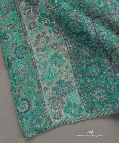 Firozi and Grey Handwoven Jamawar Pure Cashmere Wool Doshala With Green Tissue Finishing