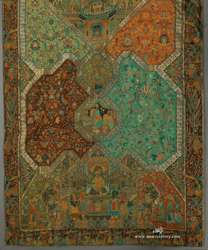 Green And Orange Handwoven Jamawar Pure Cashmere Wool Doshala with Green Tissue Finishing