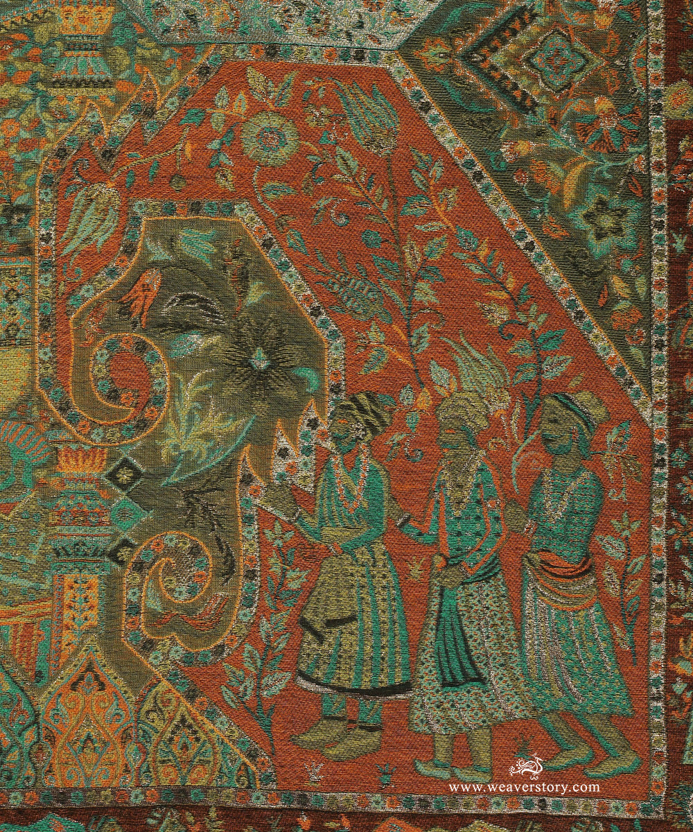 Green And Orange Handwoven Jamawar Pure Cashmere Wool Doshala with Green Tissue Finishing