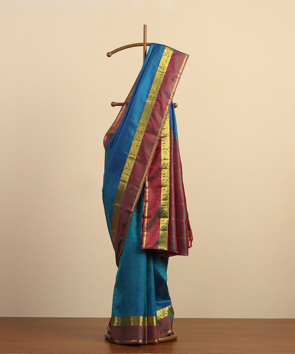 Pecock Blue Handloom Pure Silk Kanjivaram Saree With Wine And Gold Zari Border And Elephant Motifs
