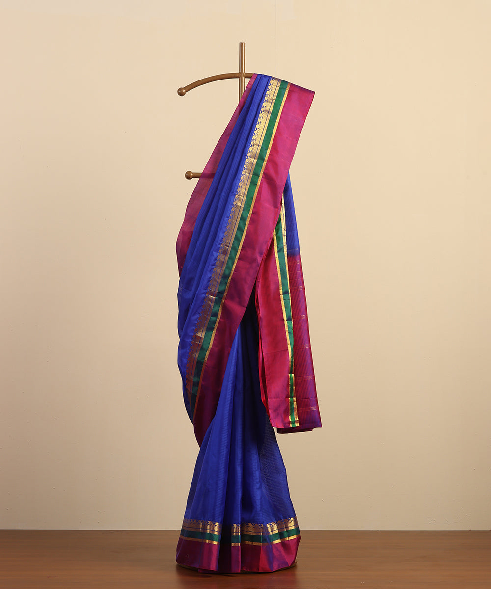 Electric Blue Handloom Pure Silk Kanjivaram Saree With Magenta And Gold Zari Border