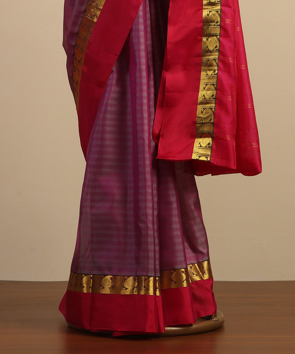 Mauve Handloom Pure Silk Kanjivaram Saree With Pink Border with Paisleys