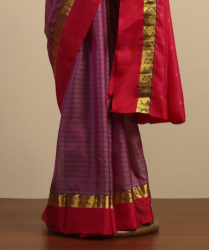 Mauve Handloom Pure Silk Kanjivaram Saree With Pink Border with Paisleys