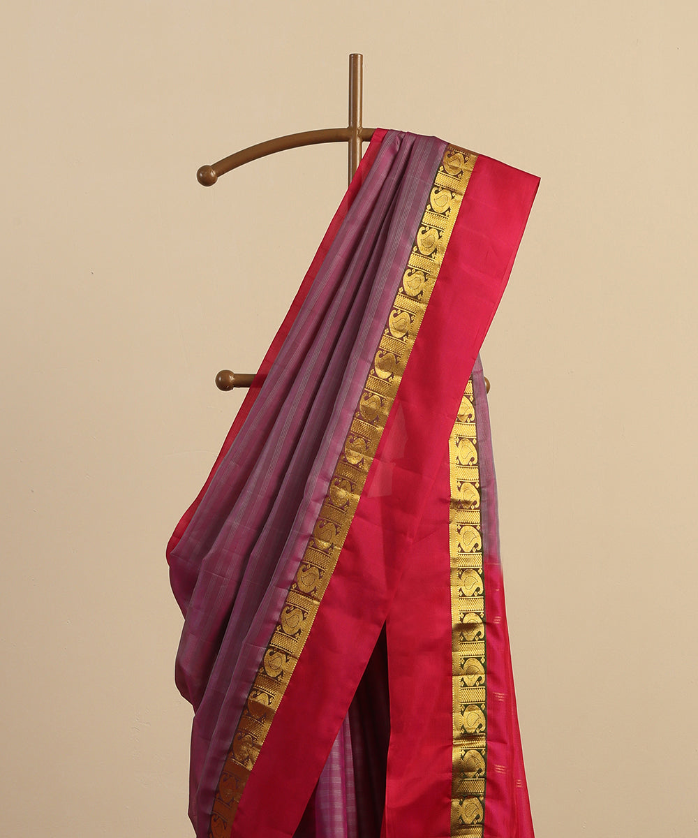 Mauve Handloom Pure Silk Kanjivaram Saree With Pink Border with Paisleys