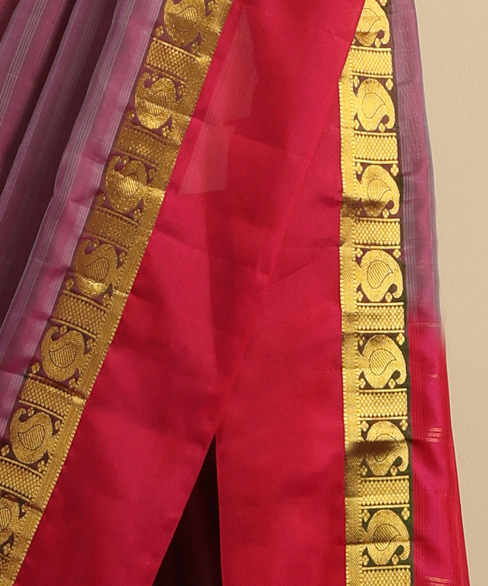 Mauve Handloom Pure Silk Kanjivaram Saree With Pink Border with Paisleys