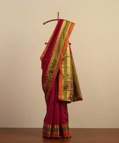 Magenta Handloom Pure Silk Kanjivaram Saree With Pista And Gold Ambi Motif Zari Border