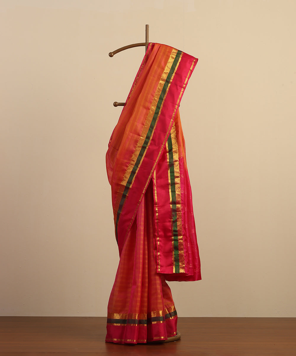 Peach and Pink Dual Tone Handloom Pure Silk Kanjivaram Saree With Gold Zari Border