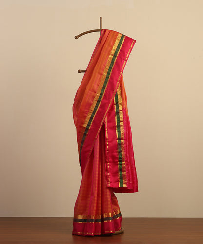 Peach and Pink Dual Tone Handloom Pure Silk Kanjivaram Saree With Gold Zari Border