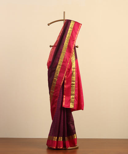 Wine Handloom Pure Silk Kanjivaram Saree With Magenta And Gold Zari Border