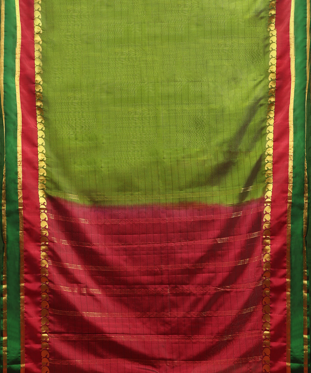 Parrot Green Handloom Pure Silk Kanjivaram Saree With Magenta And Gold Zari Border