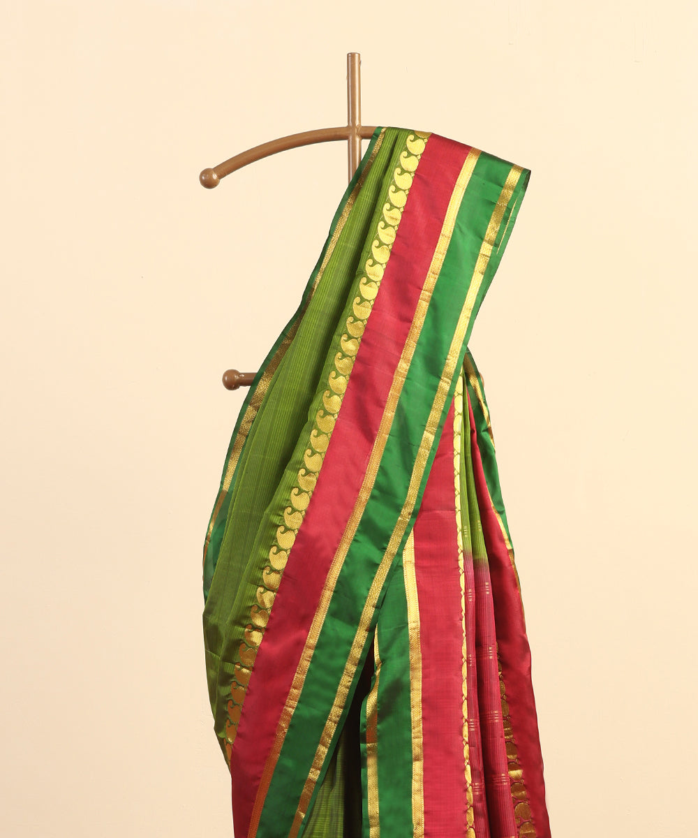 Parrot Green Handloom Pure Silk Kanjivaram Saree With Magenta And Gold Zari Border