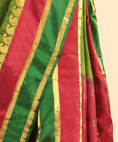 Parrot Green Handloom Pure Silk Kanjivaram Saree With Magenta And Gold Zari Border