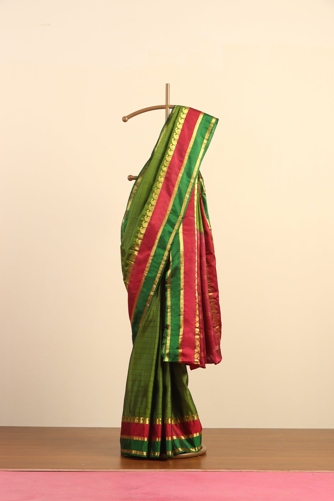 Parrot Green Handloom Pure Silk Kanjivaram Saree With Magenta And Gold Zari Border