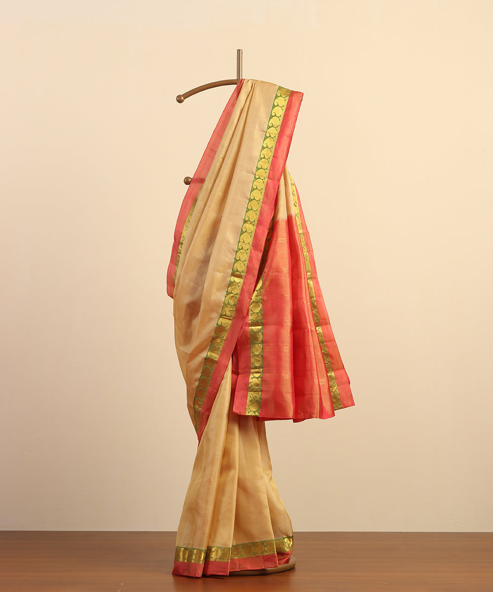 Beige Handloom Pure Silk Kanjivaram Saree With Pista And Gold Zari Border And Ambi Motifs