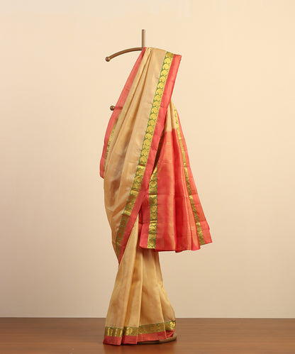 Beige Handloom Pure Silk Kanjivaram Saree With Pista And Gold Zari Border And Ambi Motifs