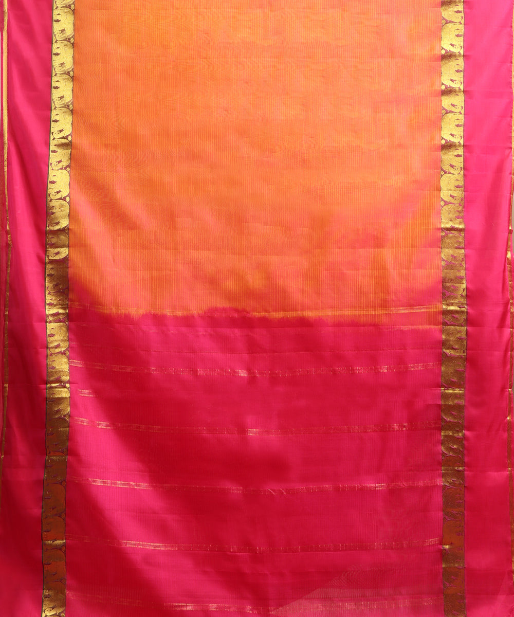 Orange and Pink Handloom Pure Silk Kanjivaram Saree With Pink And Gold Zari  Elephant Motifs Border
