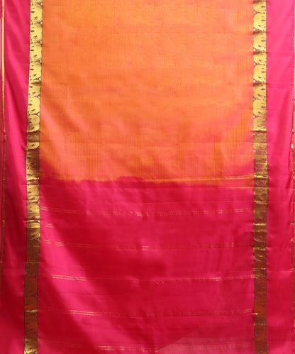Orange and Pink Handloom Pure Silk Kanjivaram Saree With Pink And Gold Zari  Elephant Motifs Border