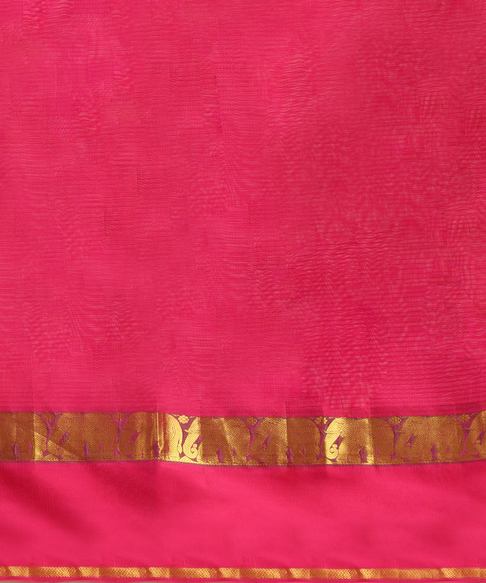 Orange and Pink Handloom Pure Silk Kanjivaram Saree With Pink And Gold Zari  Elephant Motifs Border