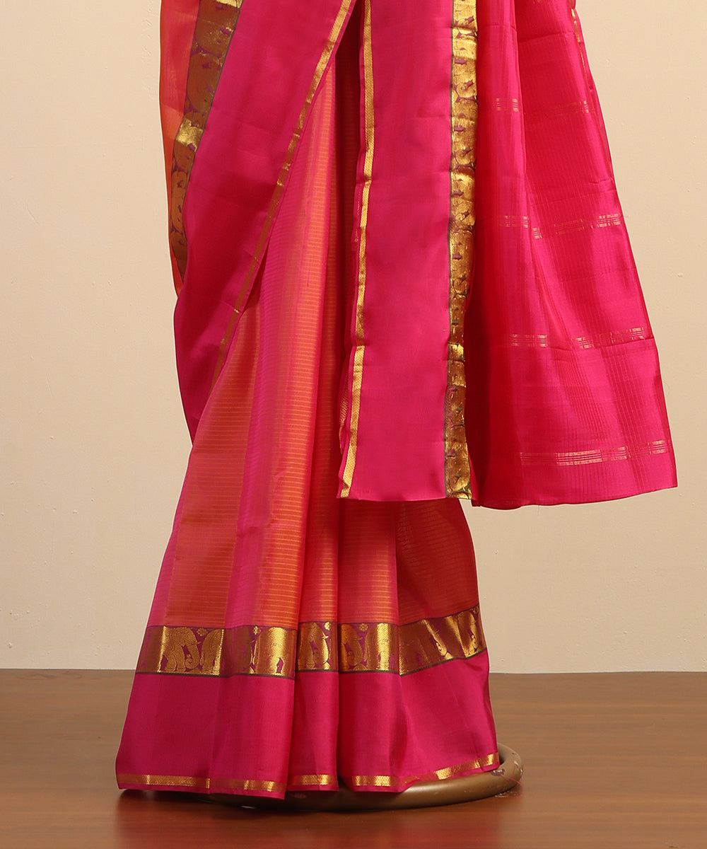 Orange and Pink Handloom Pure Silk Kanjivaram Saree With Pink And Gold Zari  Elephant Motifs Border