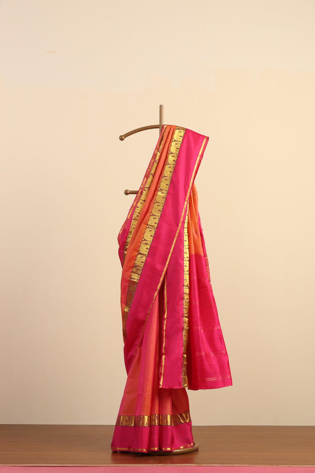 Orange and Pink Handloom Pure Silk Kanjivaram Saree With Pink And Gold Zari  Elephant Motifs Border