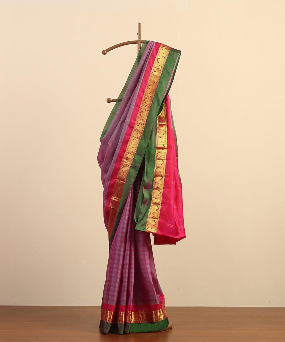 Mauve Handloom Pure Silk Kanjivaram Saree With Pink Zari And Green Border
