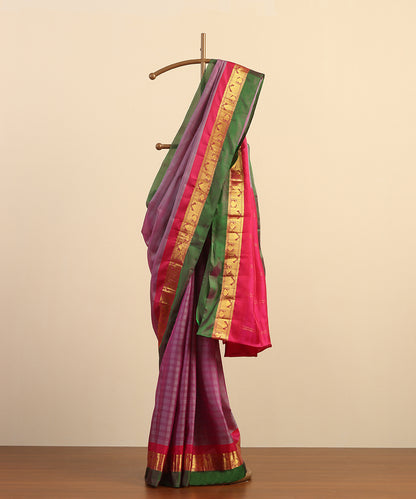 Mauve Handloom Pure Silk Kanjivaram Saree With Pink Zari And Green Border