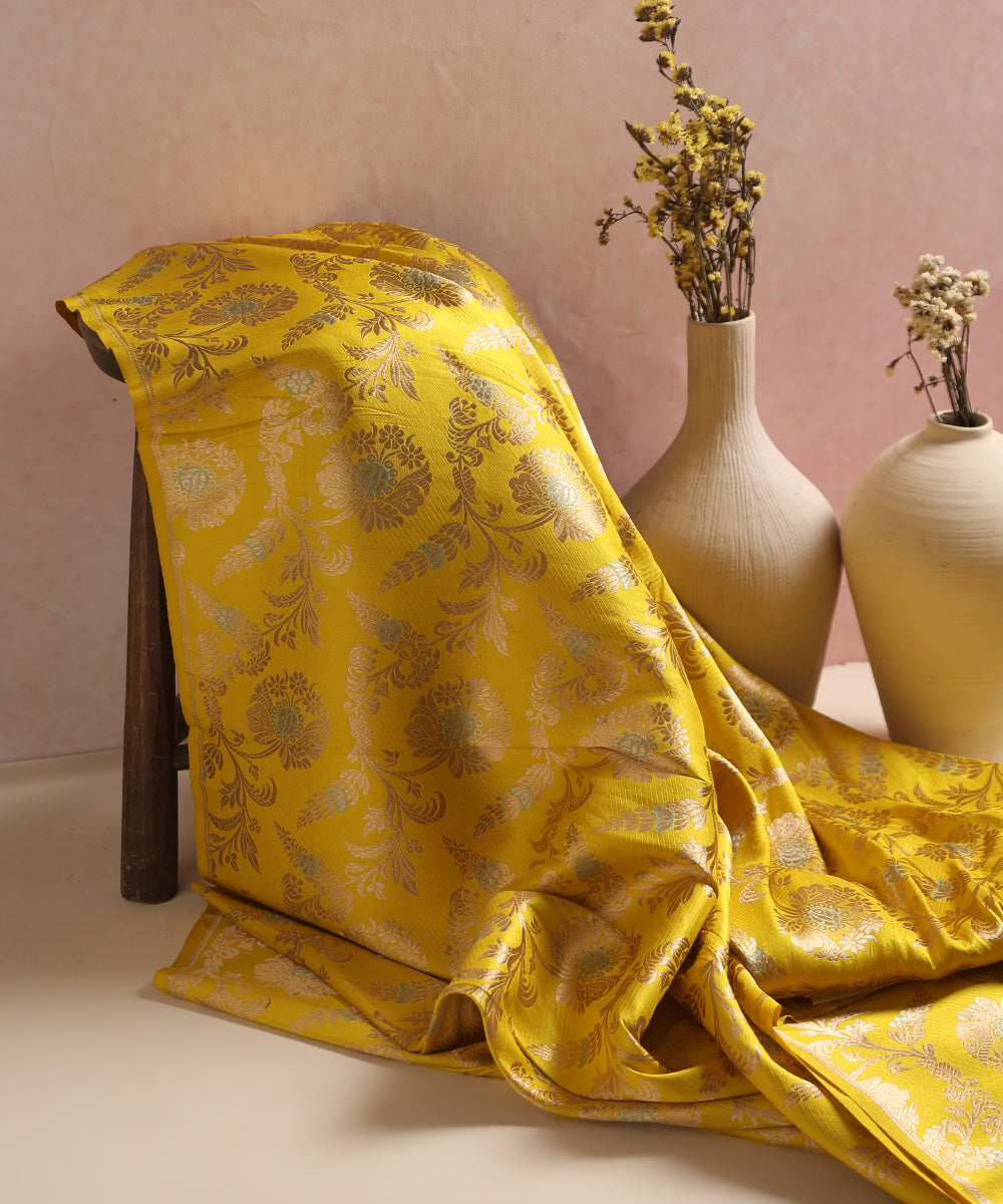 Lemon Yellow Handloom Pure Katan Silk Pink Meenakari Floral Jaal Fabric With Self Weave