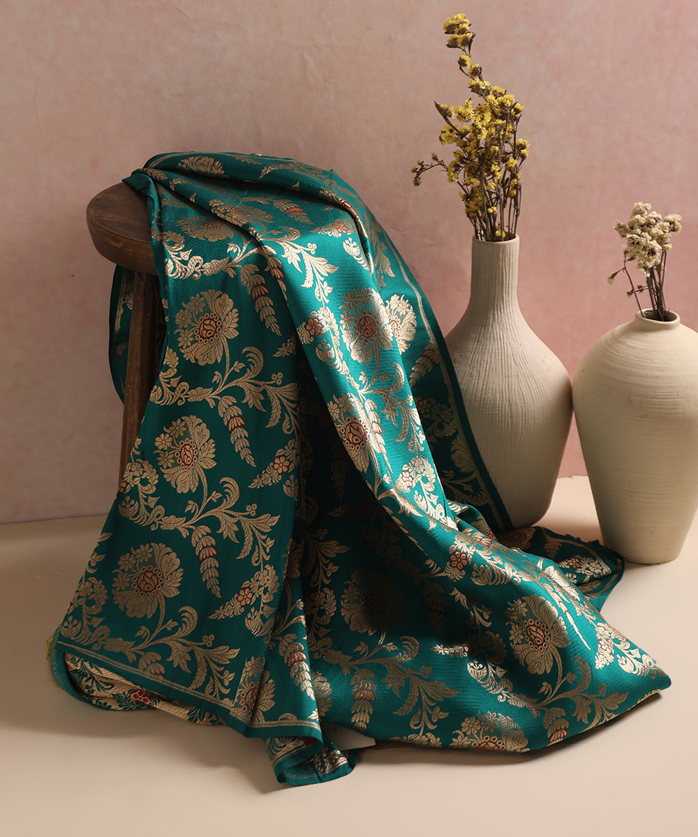 Teal Handloom Pure Katan Silk Red Meenakari Floral Jaal Fabric With Self Weave