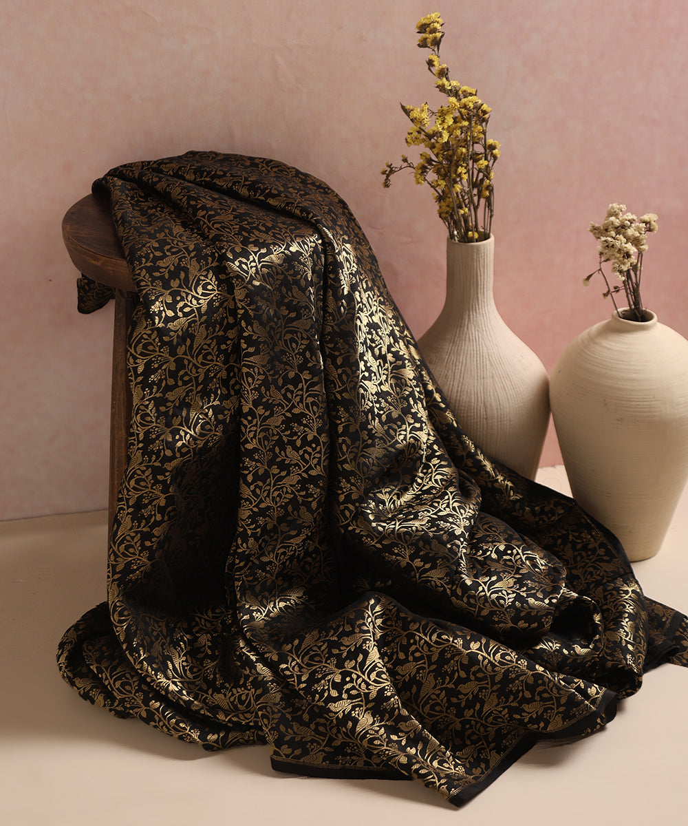 Black Handloom Pure Katan Silk Kimkhab Shikargah Fabric